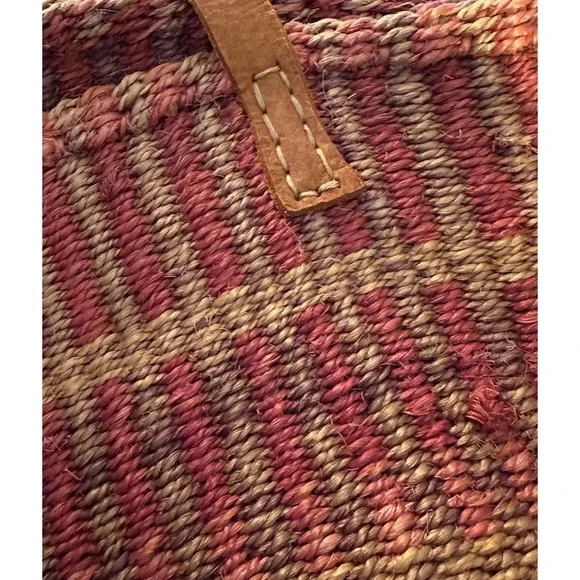 Vintage Woven Sisal Market Tote Bucket Bag Leather Straps Round Striped Boho